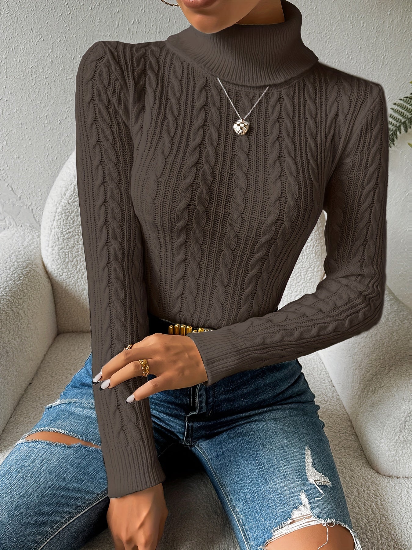Solid Cable Knit Turtleneck Jumper for Women - Amara