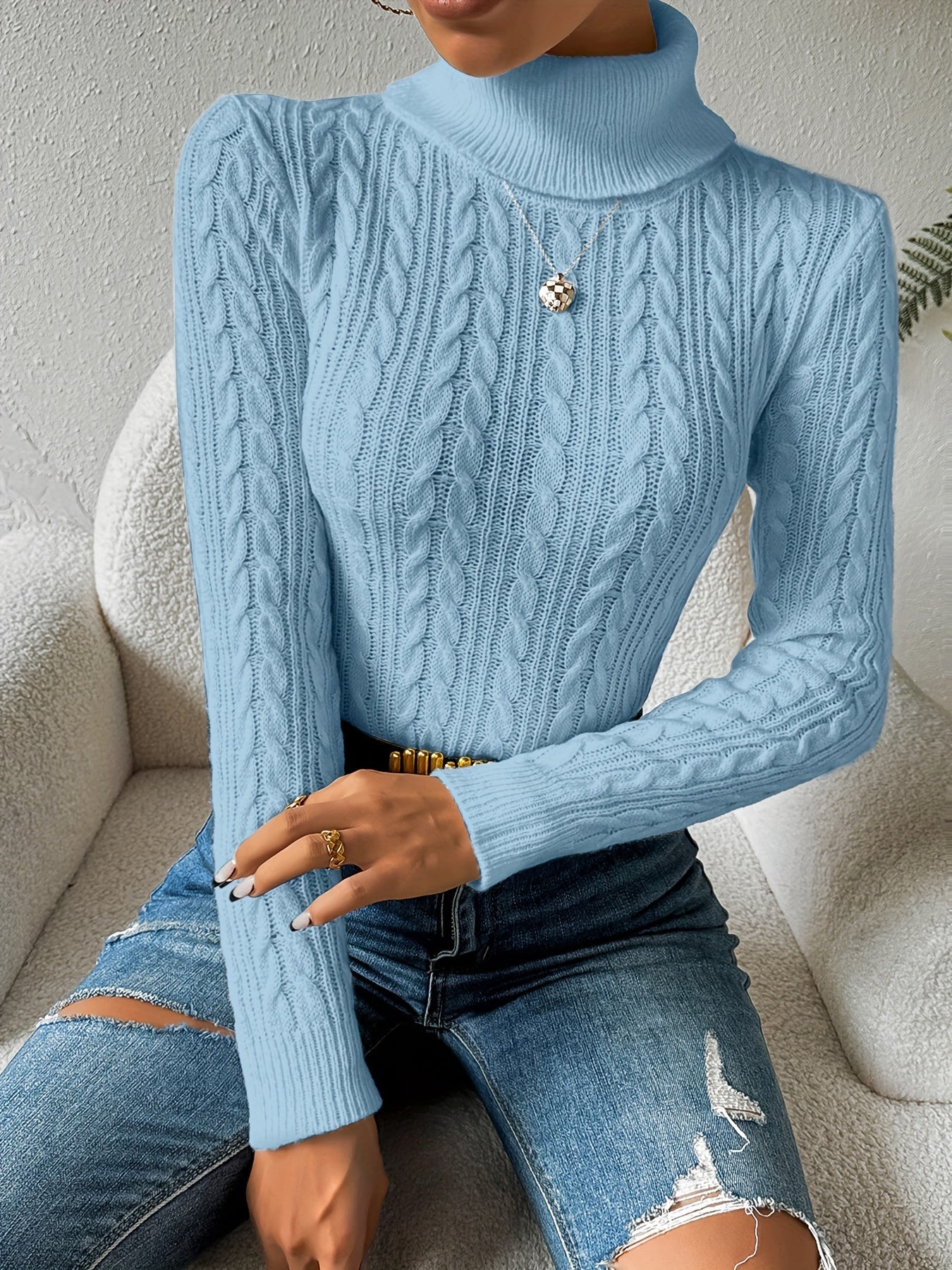 Solid Cable Knit Turtleneck Jumper for Women - Amara