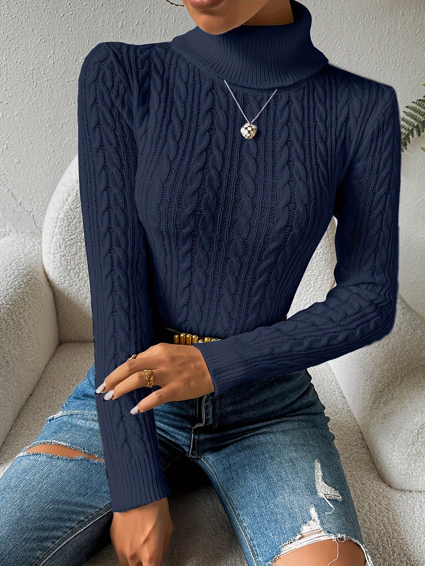 Solid Cable Knit Turtleneck Jumper for Women - Amara