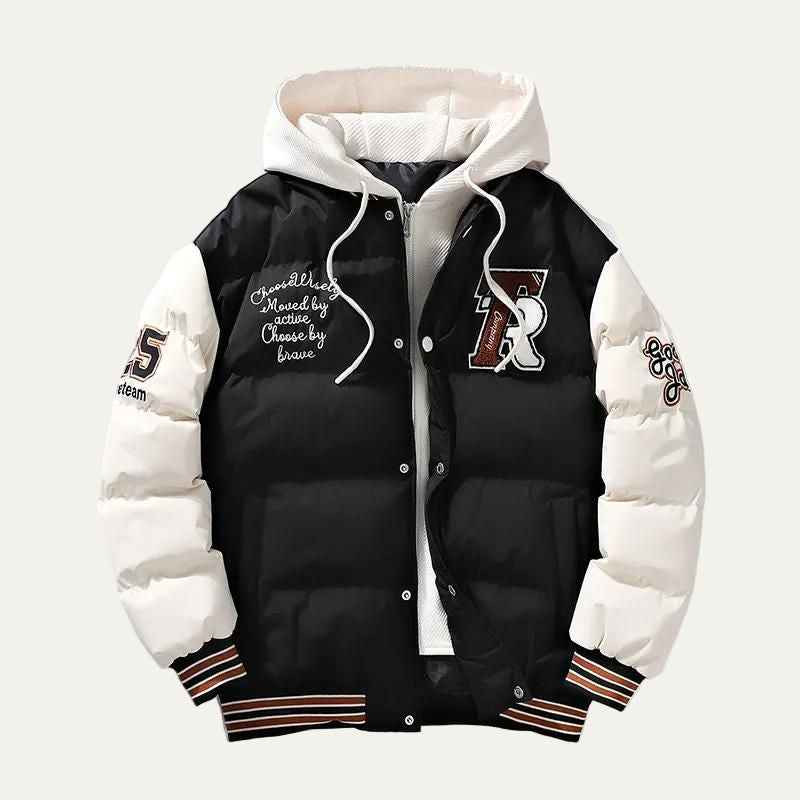 Men’s Collegiate Varsity Style Hooded Puffer Jacket