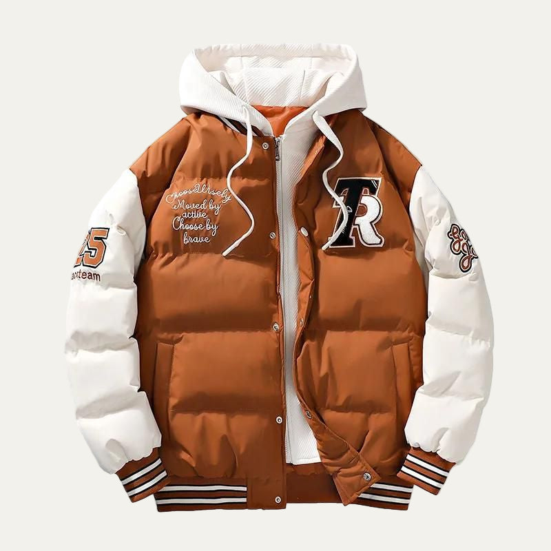 Men’s Collegiate Varsity Style Hooded Puffer Jacket