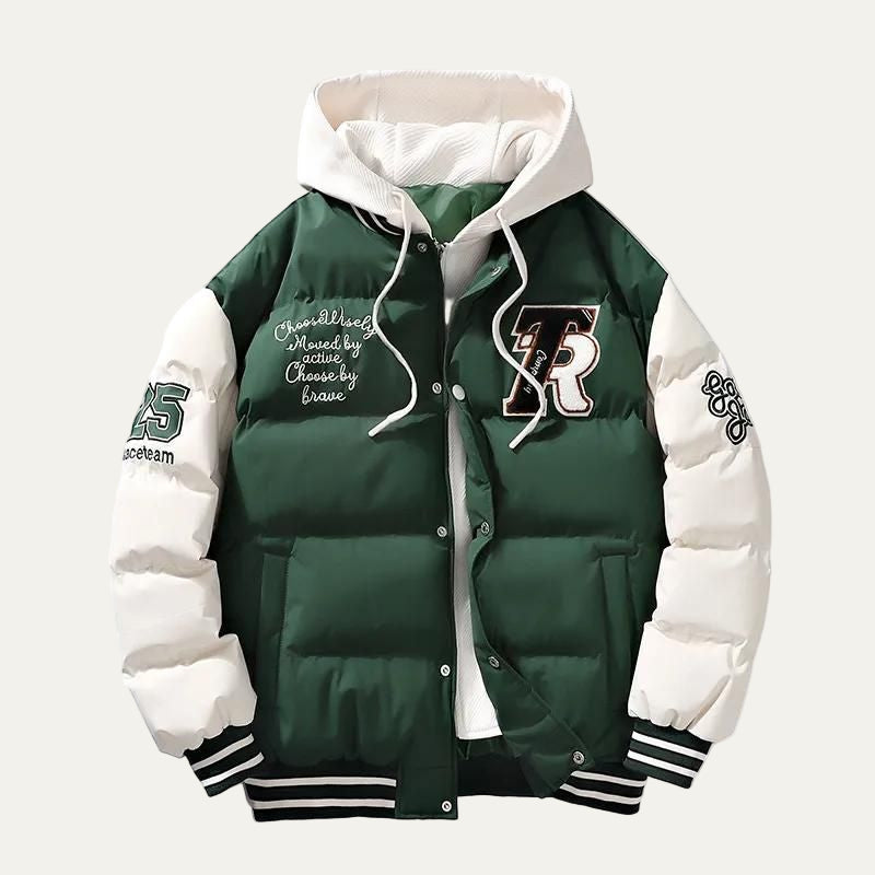 Men’s Collegiate Varsity Style Hooded Puffer Jacket