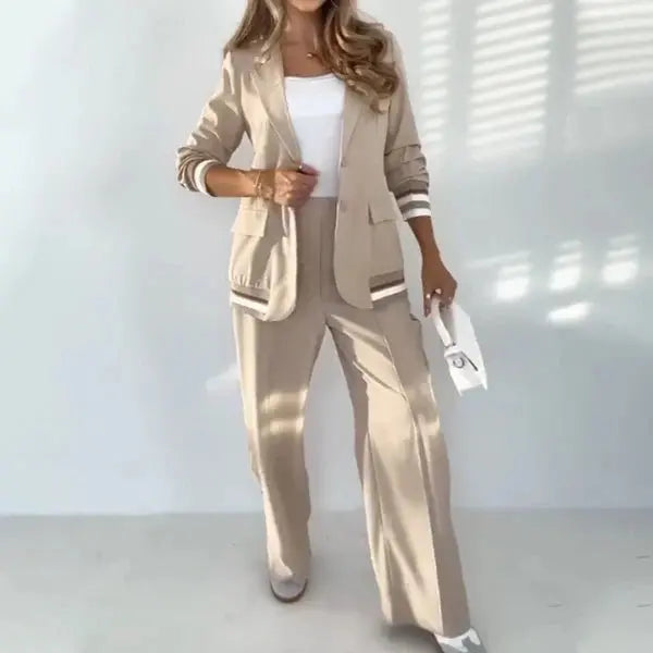Chic Beige Blazer and Wide-Leg Pants Set – Stylish Two-Piece Outfit