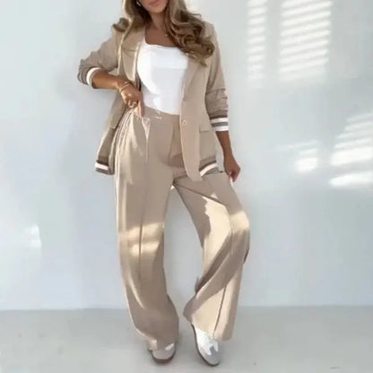 Chic Beige Blazer and Wide-Leg Pants Set – Stylish Two-Piece Outfit