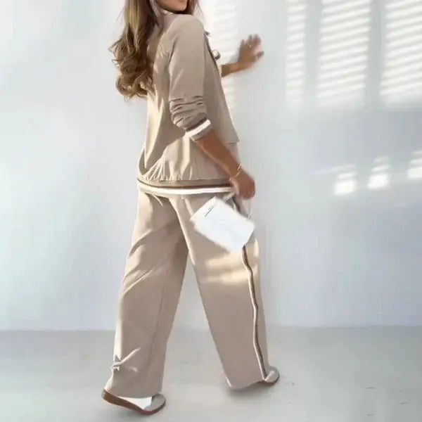 Chic Beige Blazer and Wide-Leg Pants Set – Stylish Two-Piece Outfit