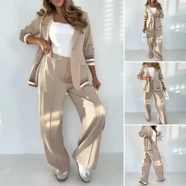 Chic Beige Blazer and Wide-Leg Pants Set – Stylish Two-Piece Outfit
