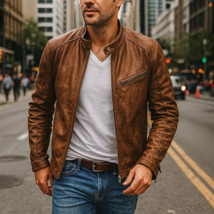 Stand Collar Leather Street Jacket