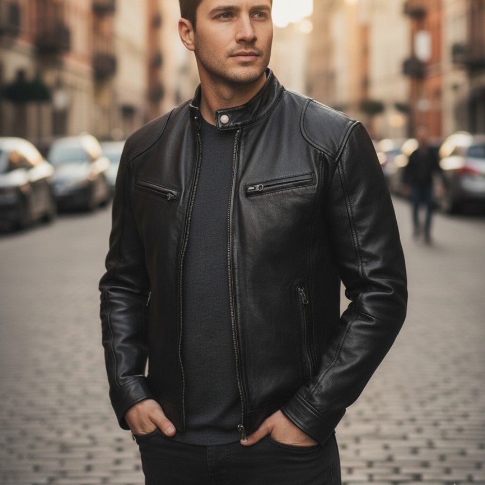 Stand Collar Leather Zip Jacket
