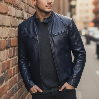 Stand Collar Leather Zip Jacket