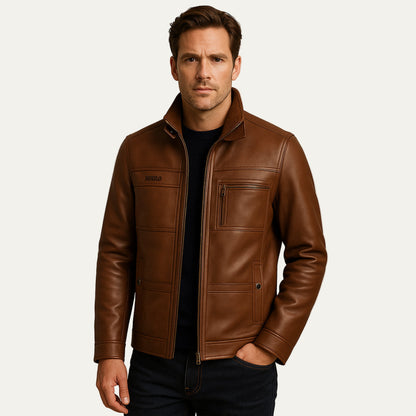 Men’s Zip Up Leather Jacket with Stand Collar