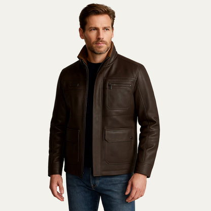 Men’s Zip Up Leather Jacket with Stand Collar