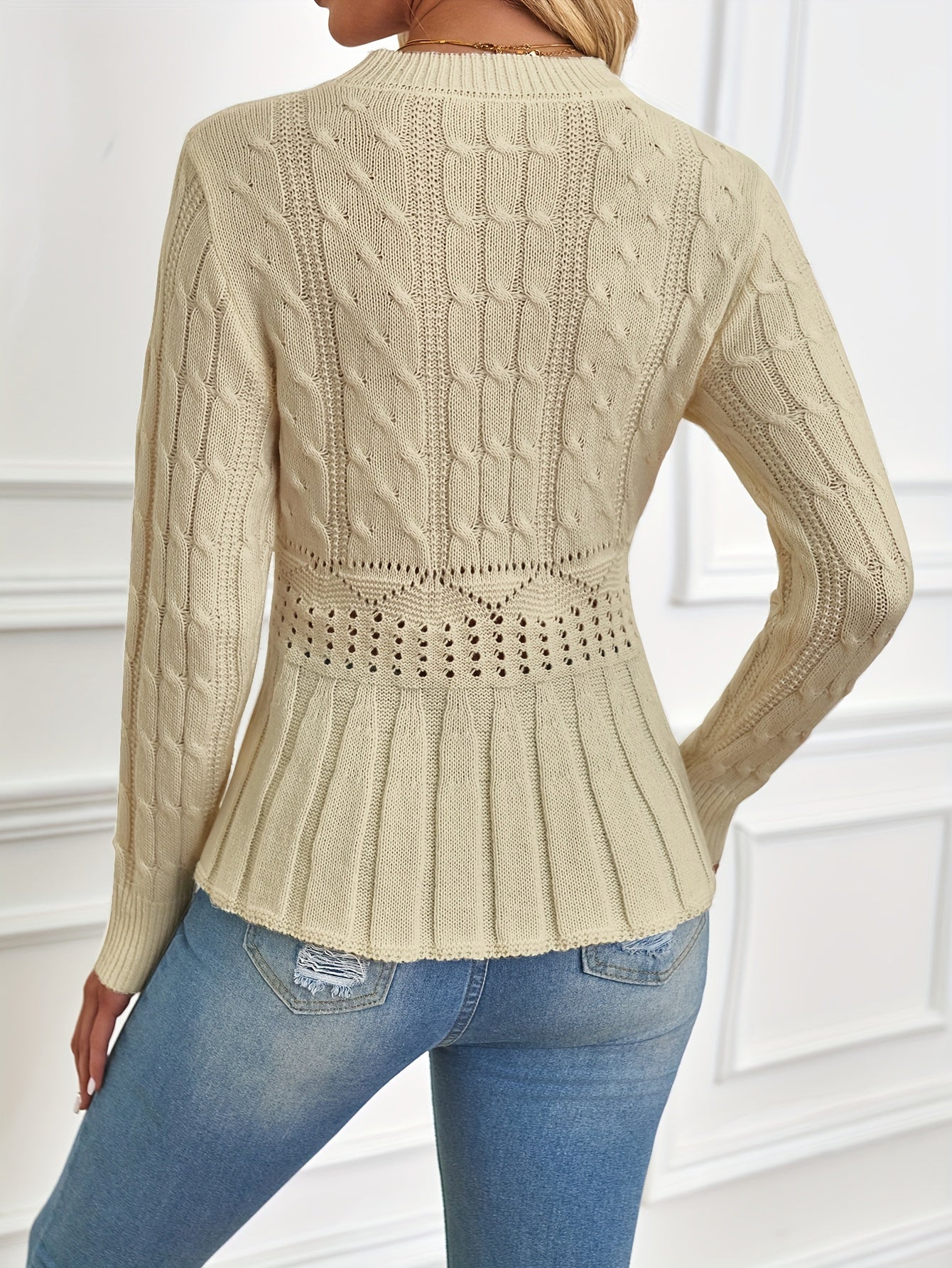 Sturdy Cable Knit Sweater with Round Neck - Elena
