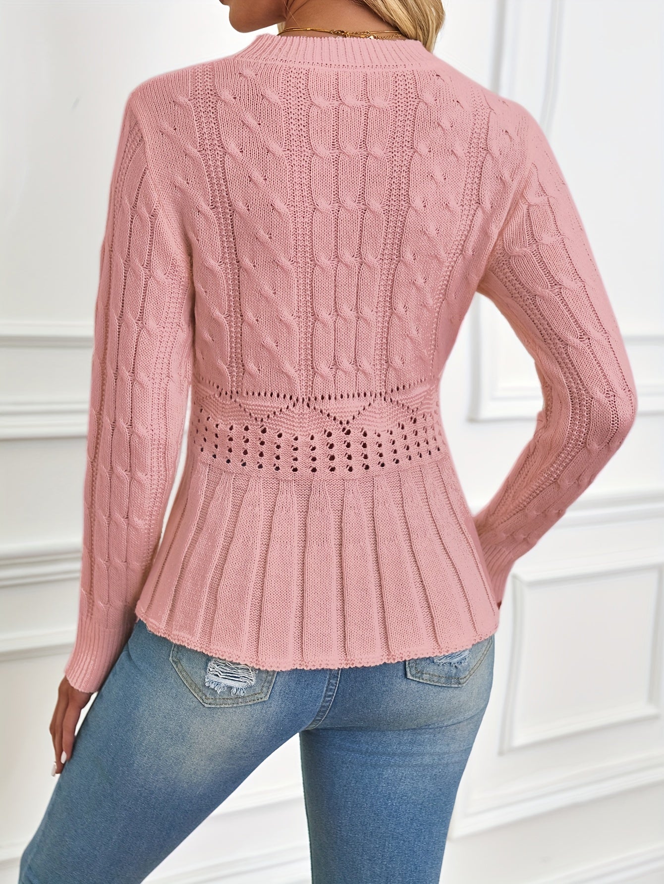 Sturdy Cable Knit Sweater with Round Neck - Elena