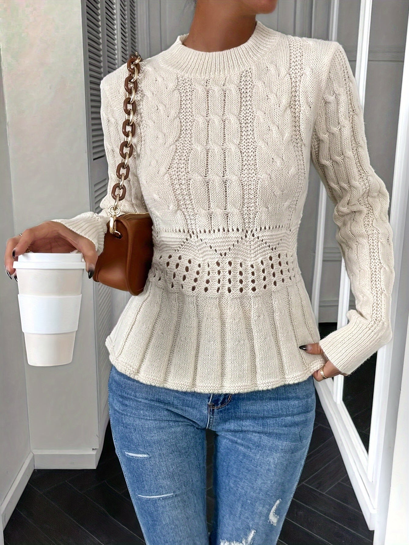 Sturdy Cable Knit Sweater with Round Neck - Elena