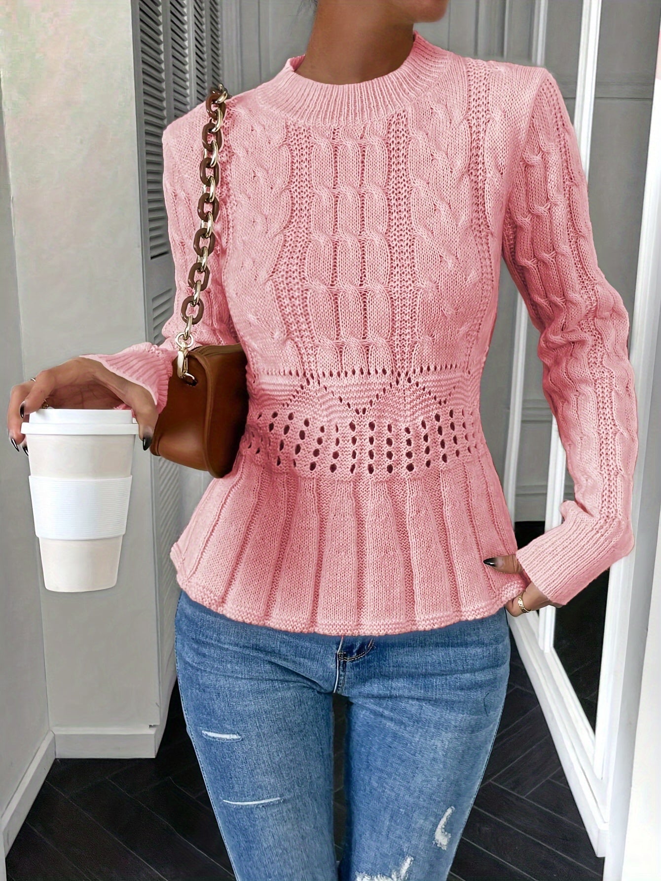 Sturdy Cable Knit Sweater with Round Neck - Elena