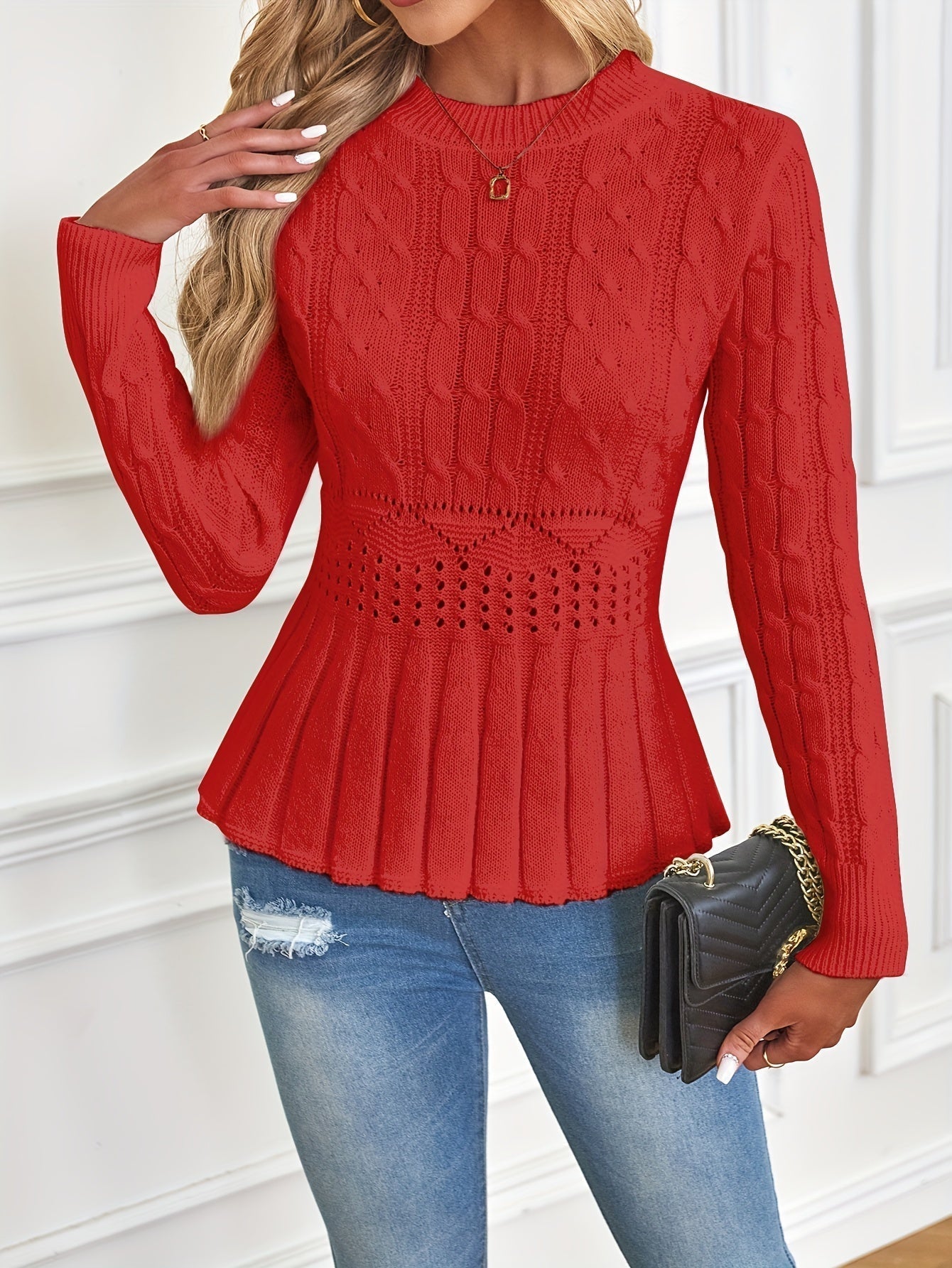 Sturdy Cable Knit Sweater with Round Neck - Elena