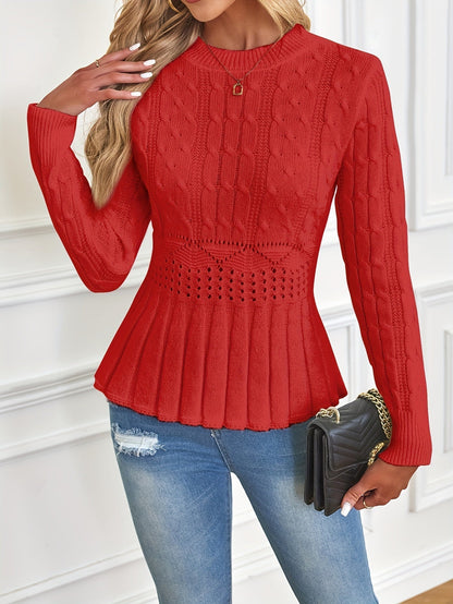 Sturdy Cable Knit Sweater with Round Neck - Elena