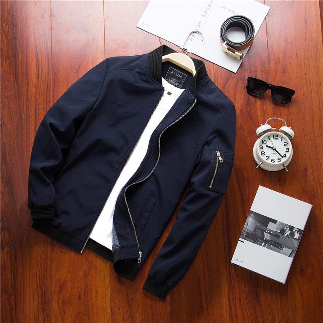 Men’s Casual Bomber Jacket with Sleeve Zip Pocket