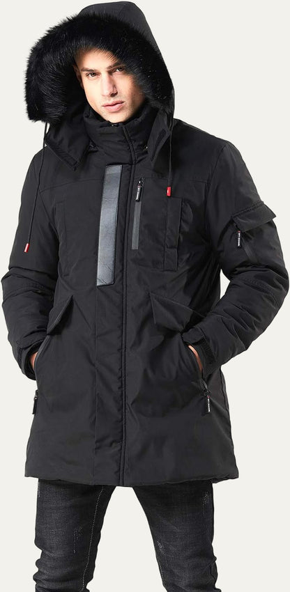 Men’s Mid Length Winter Parka with Faux Fur Hood
