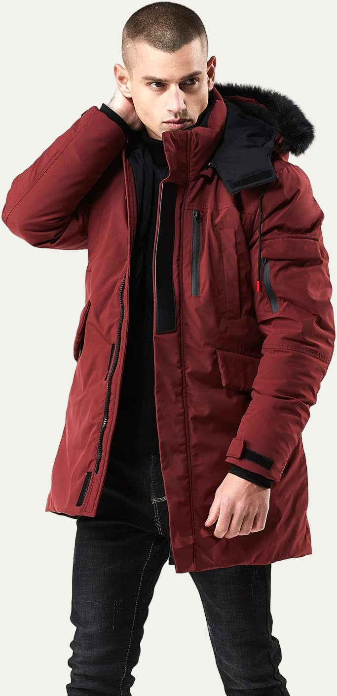 Men’s Mid Length Winter Parka with Faux Fur Hood