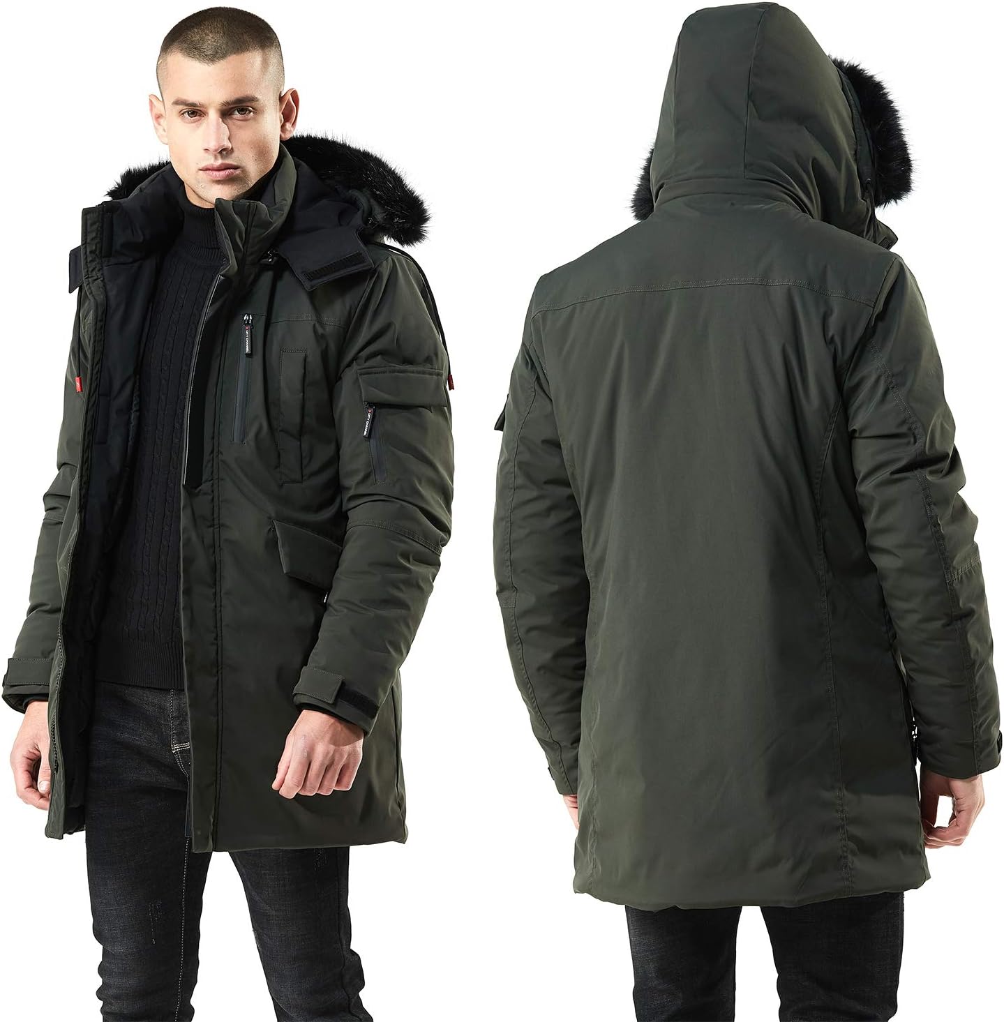 Men’s Mid Length Winter Parka with Faux Fur Hood