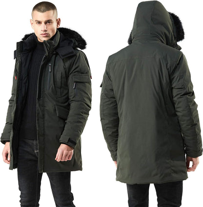 Men’s Mid Length Winter Parka with Faux Fur Hood