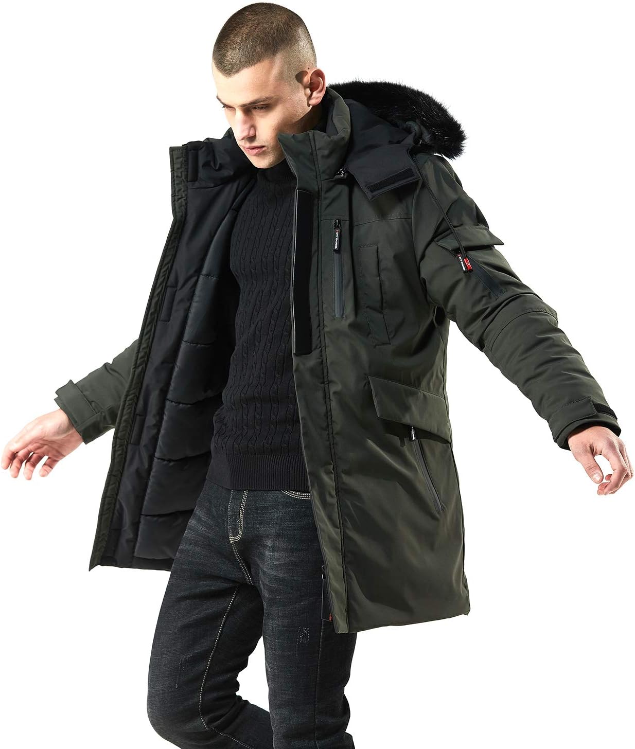Men’s Mid Length Winter Parka with Faux Fur Hood