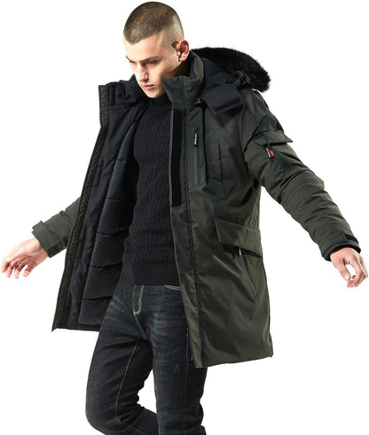 Men’s Mid Length Winter Parka with Faux Fur Hood