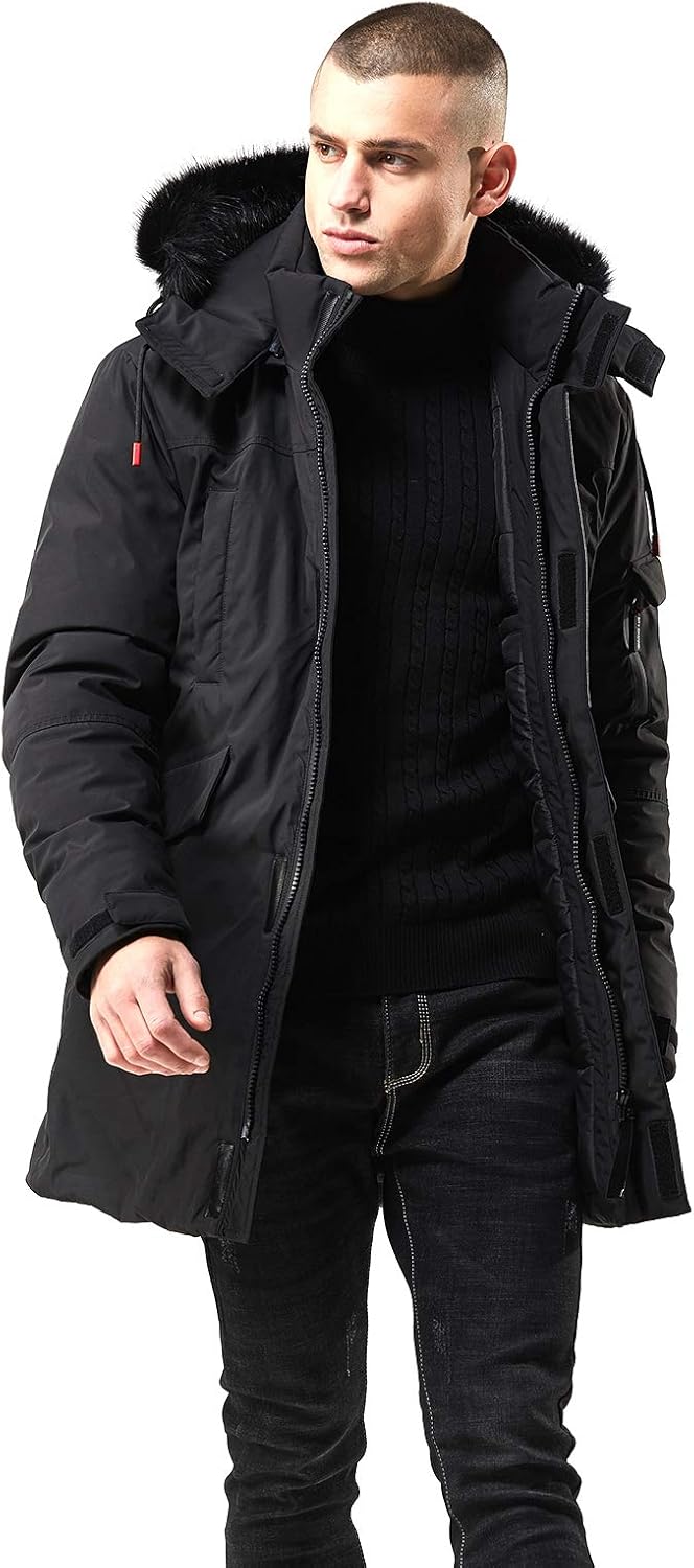 Men’s Mid Length Winter Parka with Faux Fur Hood