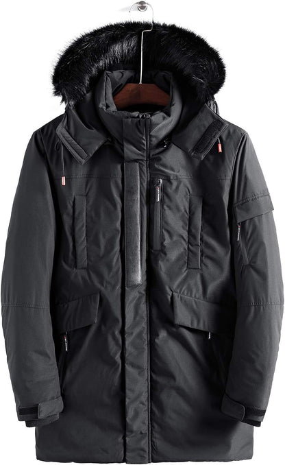 Men’s Mid Length Winter Parka with Faux Fur Hood
