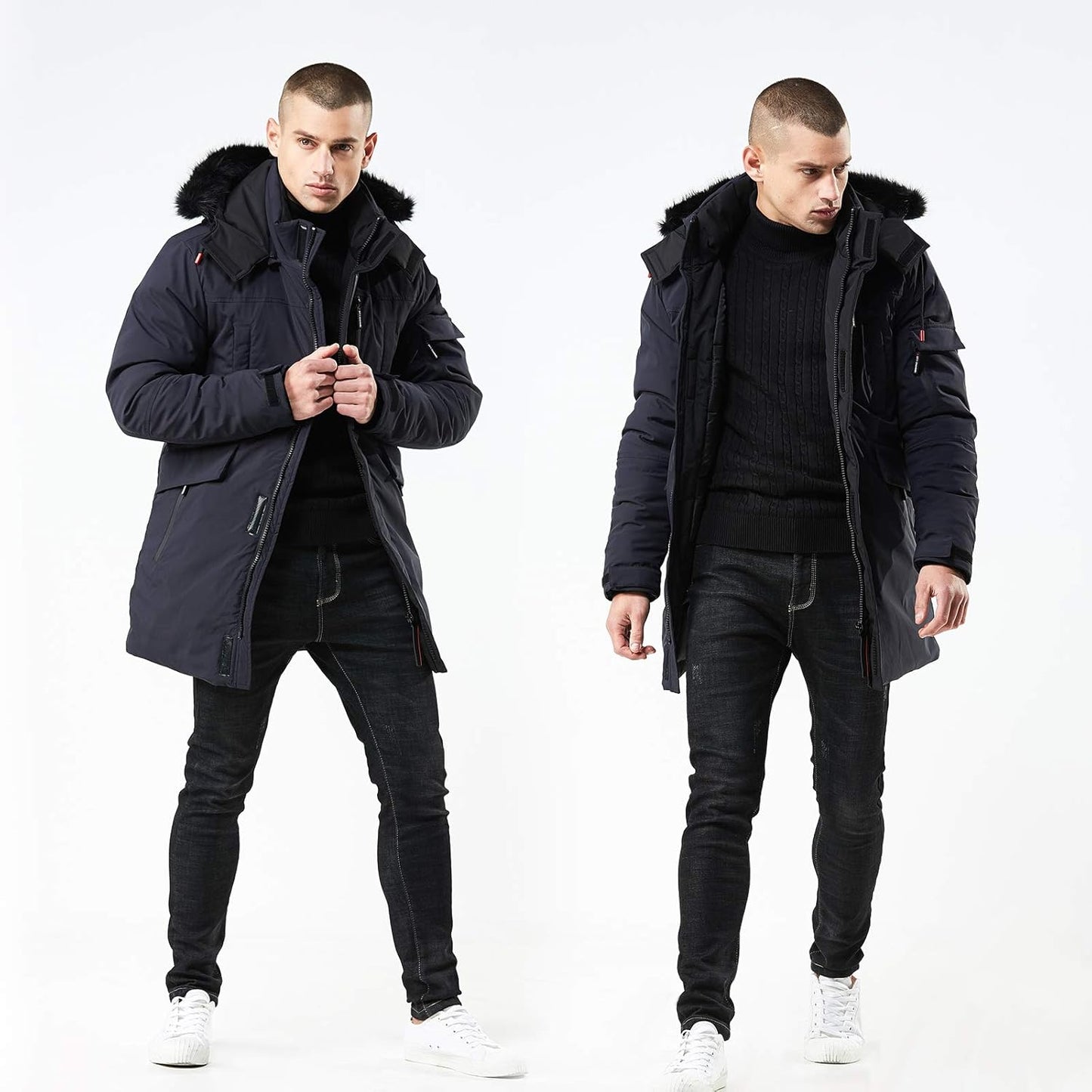 Men’s Mid Length Winter Parka with Faux Fur Hood
