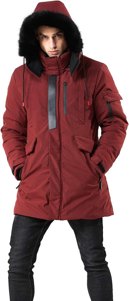 Men’s Mid Length Winter Parka with Faux Fur Hood