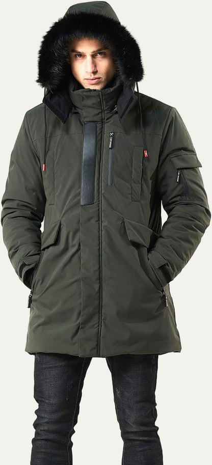 Men’s Mid Length Winter Parka with Faux Fur Hood
