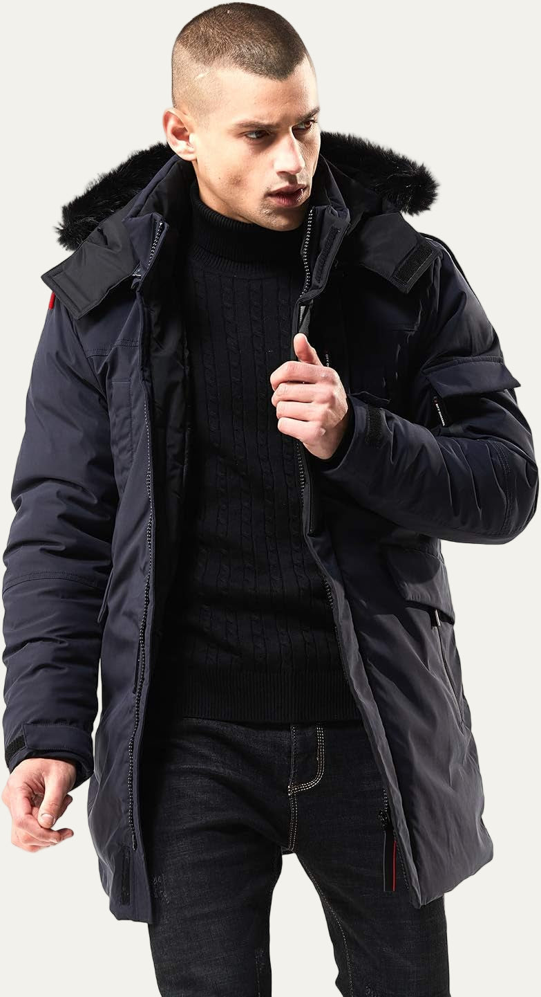 Men’s Mid Length Winter Parka with Faux Fur Hood