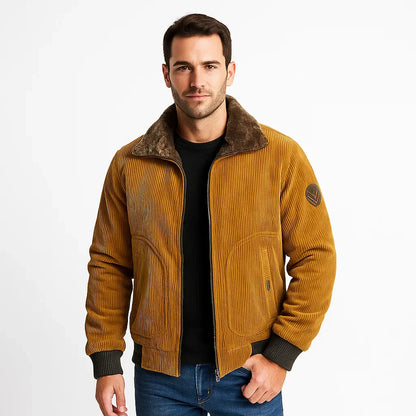 Men’s Corduroy Winter Bomber Jacket with Fur Collar