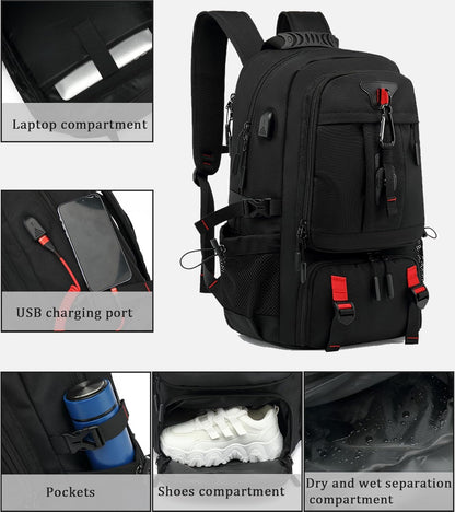 60L Waterproof Travel Laptop Backpack with USB Port & Shoe Compartment