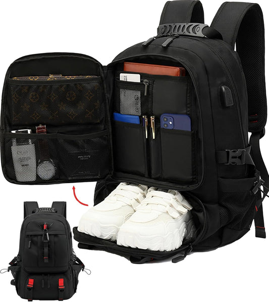 60L Waterproof Travel Laptop Backpack with USB Port & Shoe Compartment