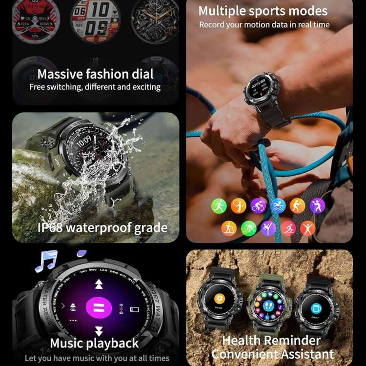 Rugged Outdoor Smartwatch – Waterproof, Bluetooth Calling, Long Battery