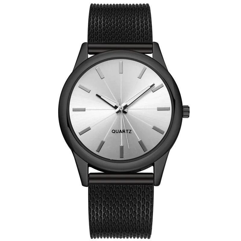 Sleek Black Unisex Watch with Metal Mesh Band