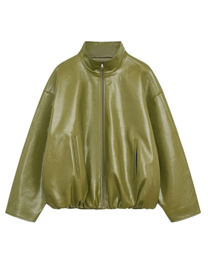 Elegant Leather Jacket – Zip Up High Neck Bomber Style