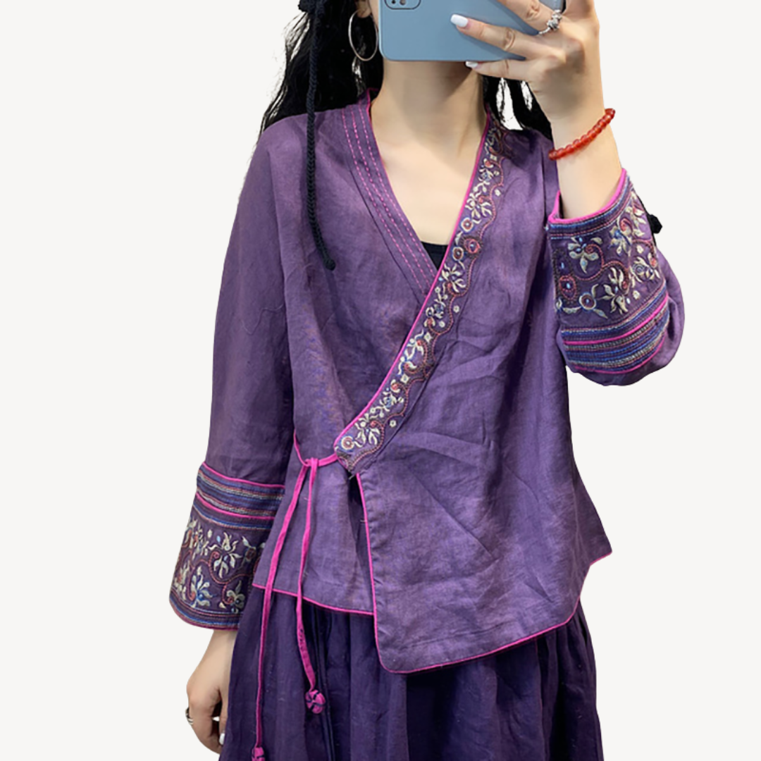 Women's Embroidered Linen Blend Kimono Jacket