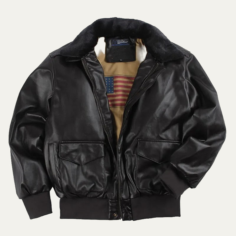 Men’s Faux Leather Bomber Jacket with Fur Collar