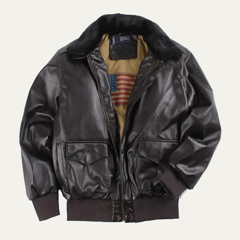 Men’s Faux Leather Bomber Jacket with Fur Collar