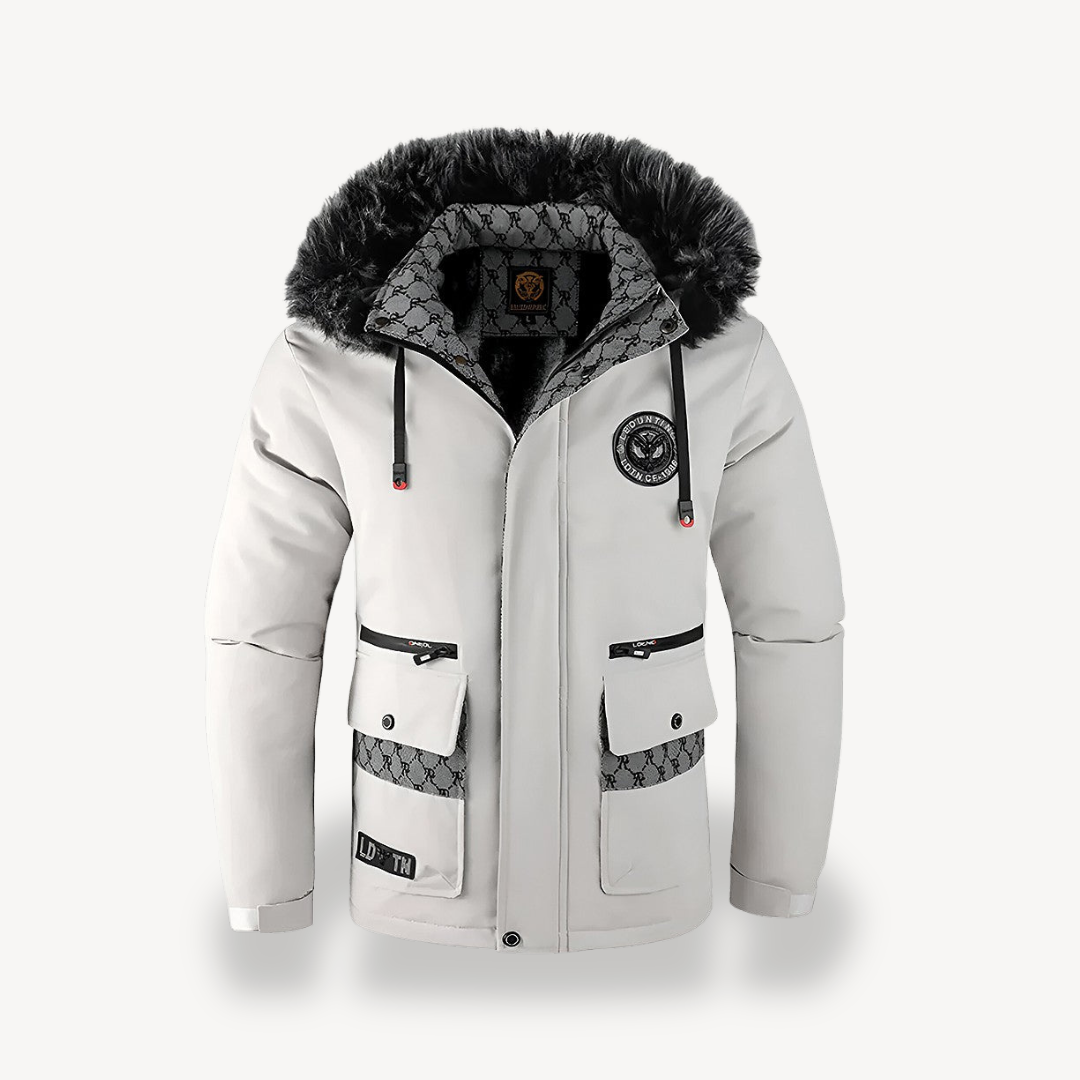 Men's Black & White Hooded Parka Jacket