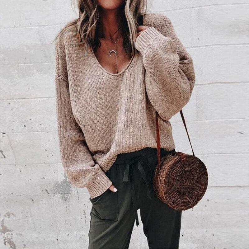 Relaxed Fit Women's V Neck Jumper Sweater