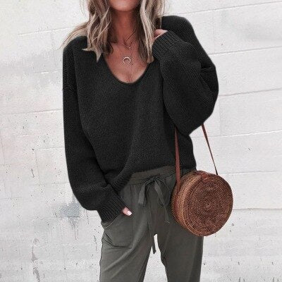 Relaxed Fit Women's V Neck Jumper Sweater