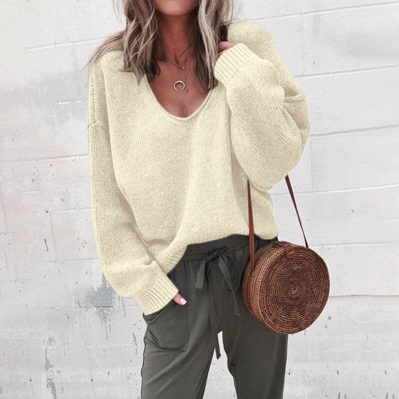 Relaxed Fit Women's V Neck Jumper Sweater