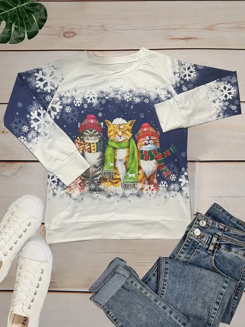 Women’s Christmas Cat Print Crewneck Sweatshirt
