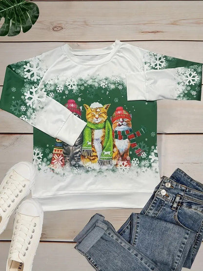 Women’s Christmas Cat Print Crewneck Sweatshirt
