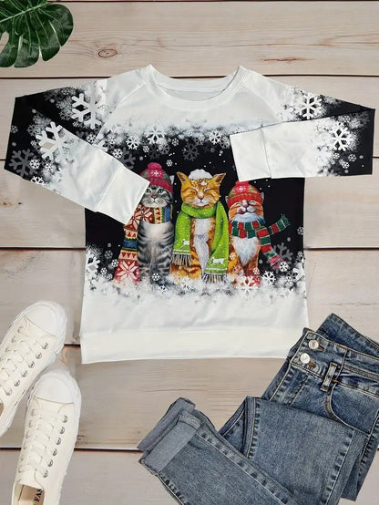 Women’s Christmas Cat Print Crewneck Sweatshirt
